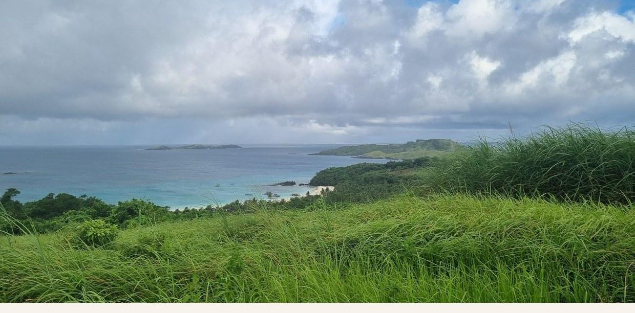 Grass headland above the sea near Vinzons, looking toward the islands